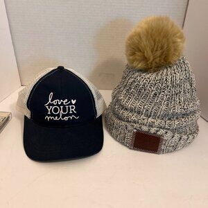Love Your Melon Trucker Hat & Knit Pom Beanie Set | Black & Cream | Gently Used
